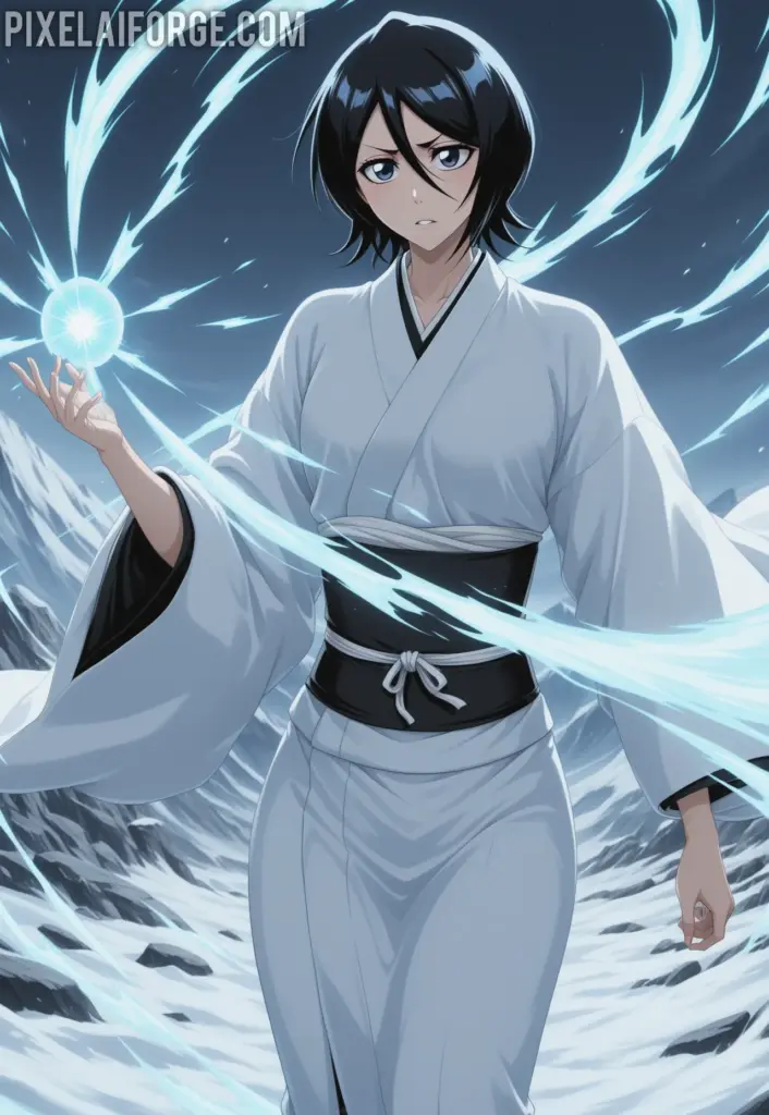 Rukia Kuchikiya using her Shikai in a snowy battlefield, flowing white kimono, blue spiritual energy waves, focused expression, cinematic anime art style from Bleach