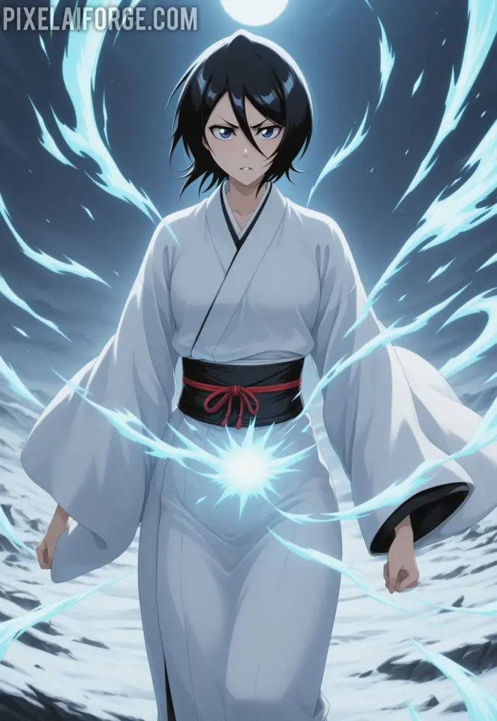 Rukia Kuchikiya using her Shikai in a snowy battlefield, flowing white kimono, blue spiritual energy waves, focused expression, cinematic anime art style from Bleach