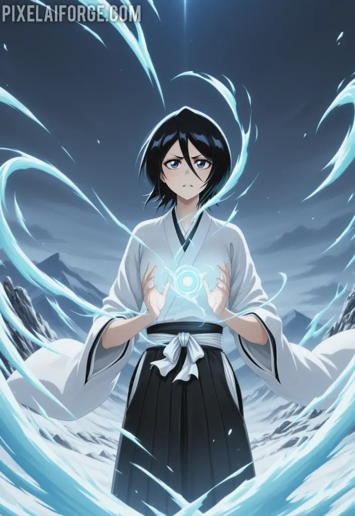 Rukia Kuchikiya using her Shikai in a snowy battlefield, flowing white kimono, blue spiritual energy waves, focused expression, cinematic anime art style from Bleach