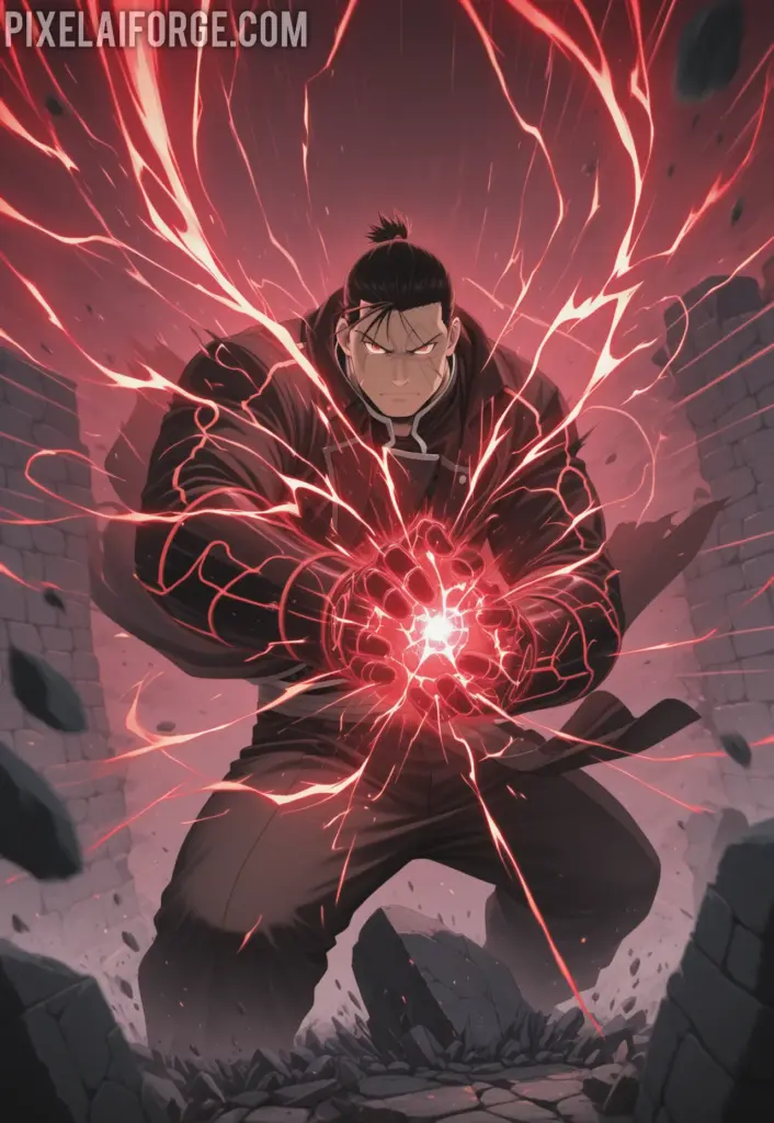 Scar using destruction alchemy on a stone wall, glowing red energy lines, determined look, dynamic motion blur, action anime style from Fullmetal Alchemist Brotherhood