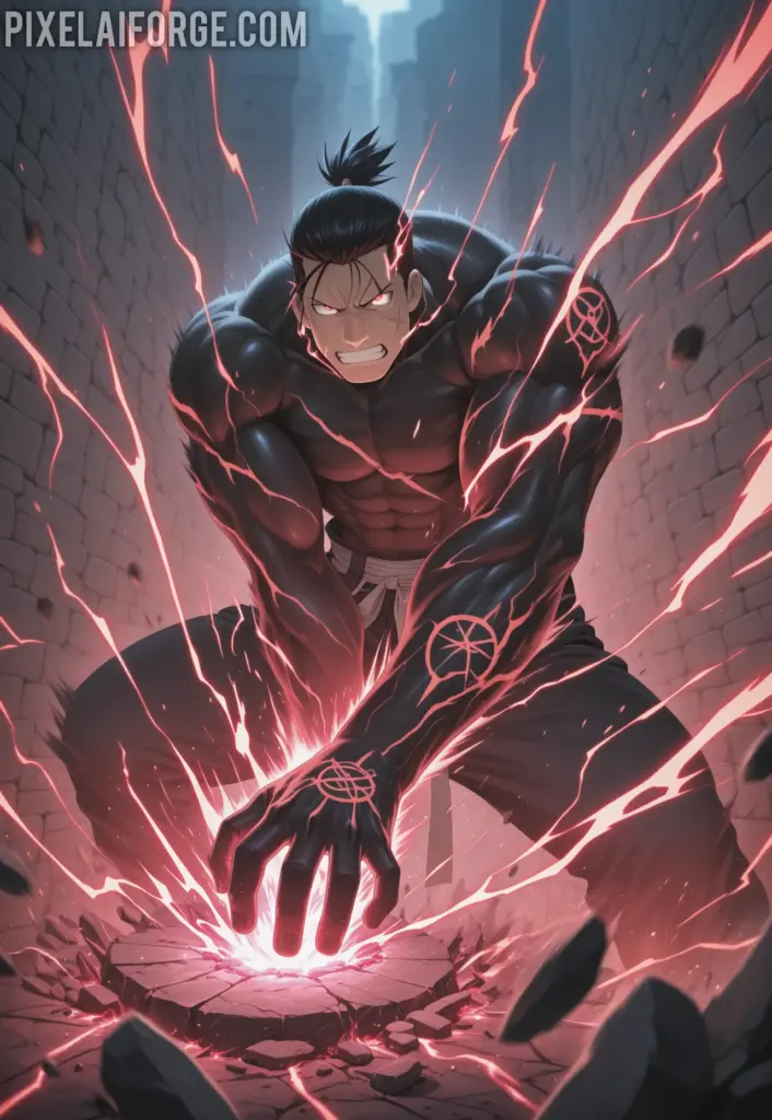 Scar using destruction alchemy on a stone wall, glowing red energy lines, determined look, dynamic motion blur, action anime style from Fullmetal Alchemist Brotherhood