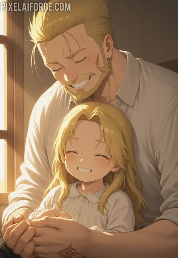 Van Hohenheim smiling while holding young Edward's hand, warm sunlight through a window, peaceful family moment, emotional anime scene from Fullmetal Alchemist Brotherhood