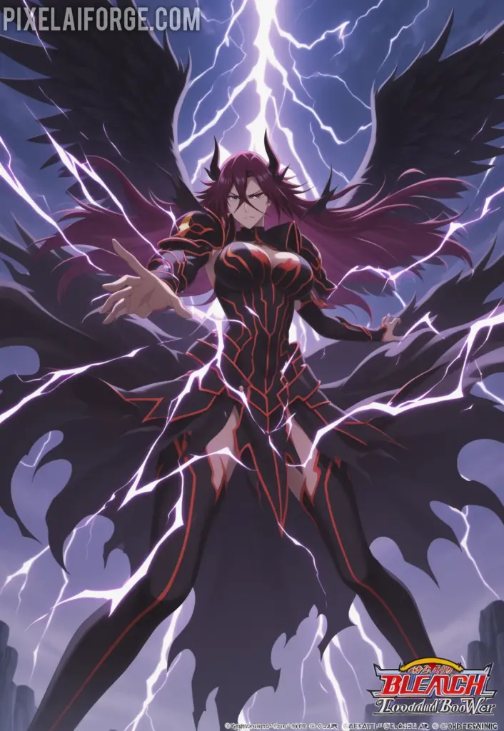 Yhwach rising into the sky with Quincy powers activated, black wings spreading, lightning effects, Final Battle arc, cinematic anime art from Bleach Thousand-Year Blood War 