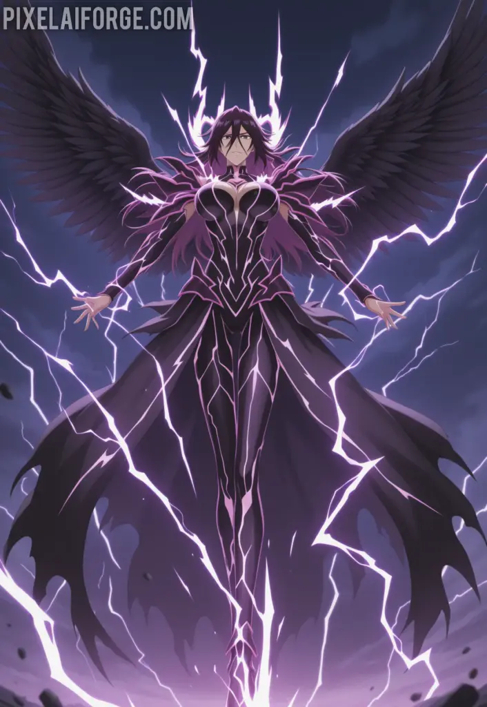 Yhwach rising into the sky with Quincy powers activated, black wings spreading, lightning effects, Final Battle arc, cinematic anime art from Bleach Thousand-Year Blood War 