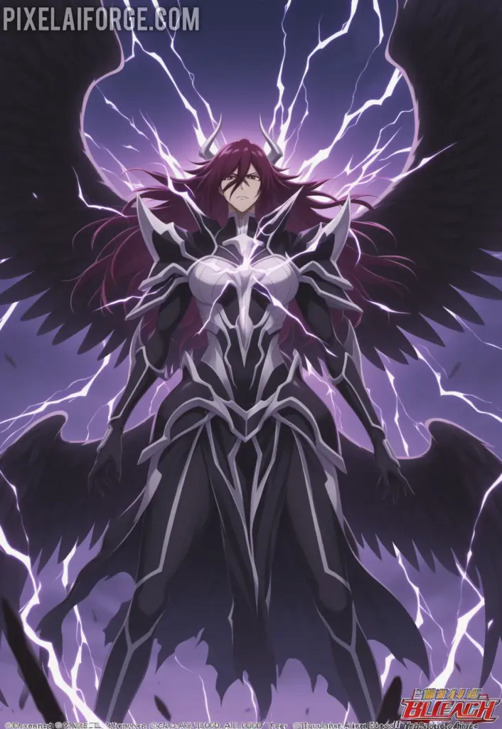 Yhwach rising into the sky with Quincy powers activated, black wings spreading, lightning effects, Final Battle arc, cinematic anime art from Bleach Thousand-Year Blood War 
