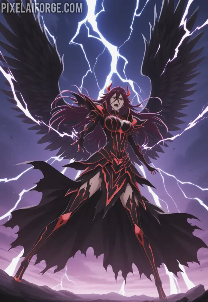 Yhwach rising into the sky with Quincy powers activated, black wings spreading, lightning effects, Final Battle arc, cinematic anime art from Bleach Thousand-Year Blood War 