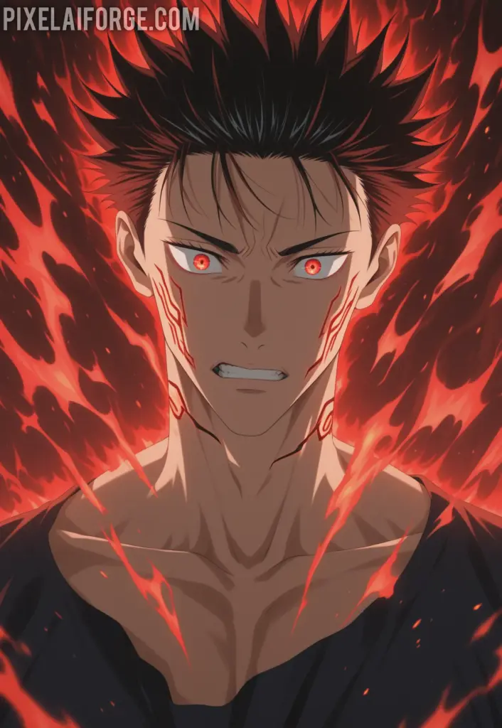 Ilustracion anime genegada por IA de Yuji vs Pseudo-Geto El Poder del Máximo Rendimiento en Jujutsu Kaisen