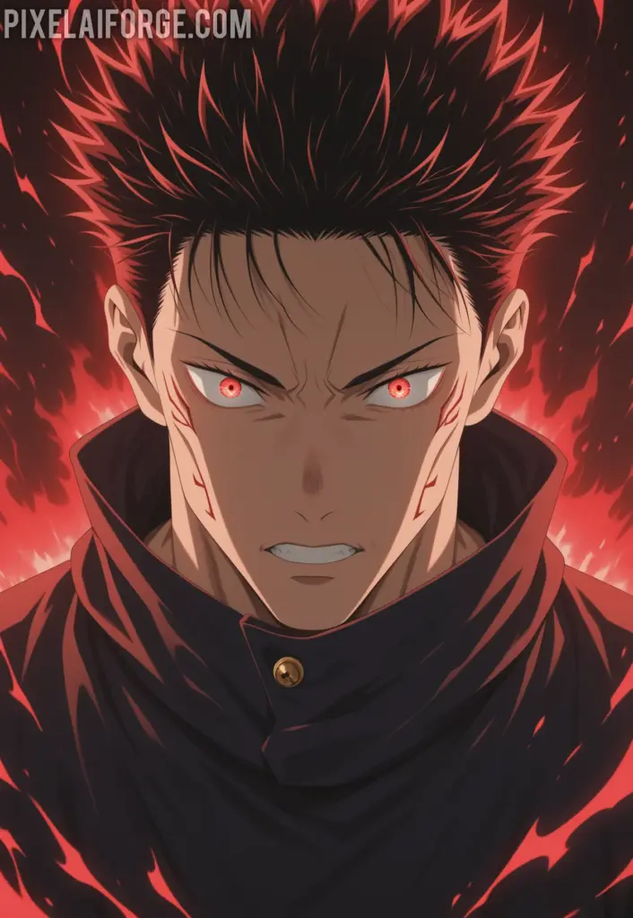 Ilustracion anime genegada por IA de Yuji vs Pseudo-Geto El Poder del Máximo Rendimiento en Jujutsu Kaisen