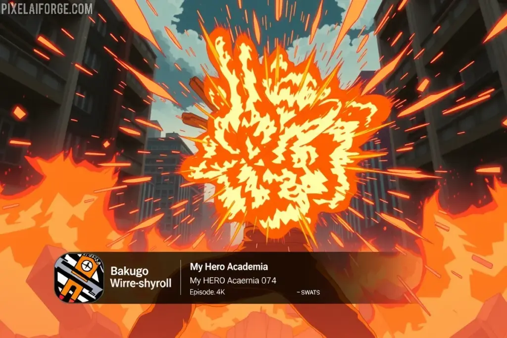Bakugo usando su quirk con Crunchyroll para ver My Hero Academia online en español.