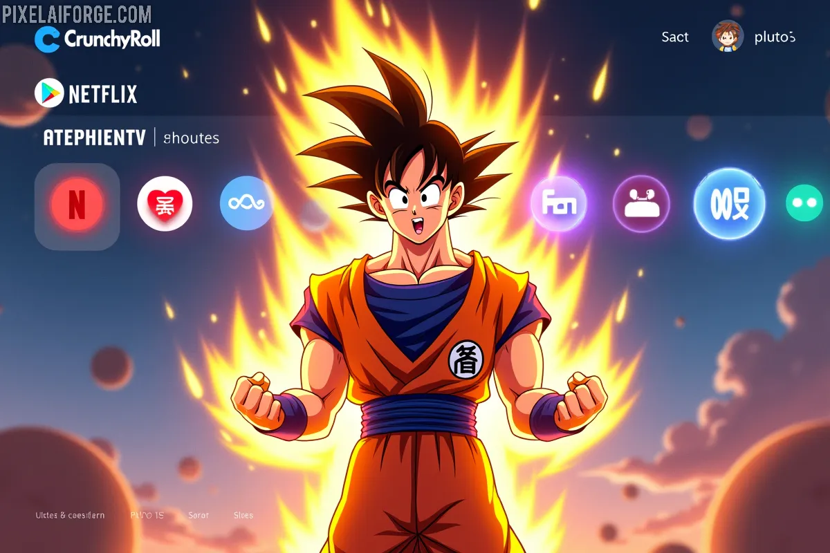Goku en Super Saiyajin frente a una interfaz de streaming con Crunchyroll y Netflix para ver Dragon Ball Z online en 2025.