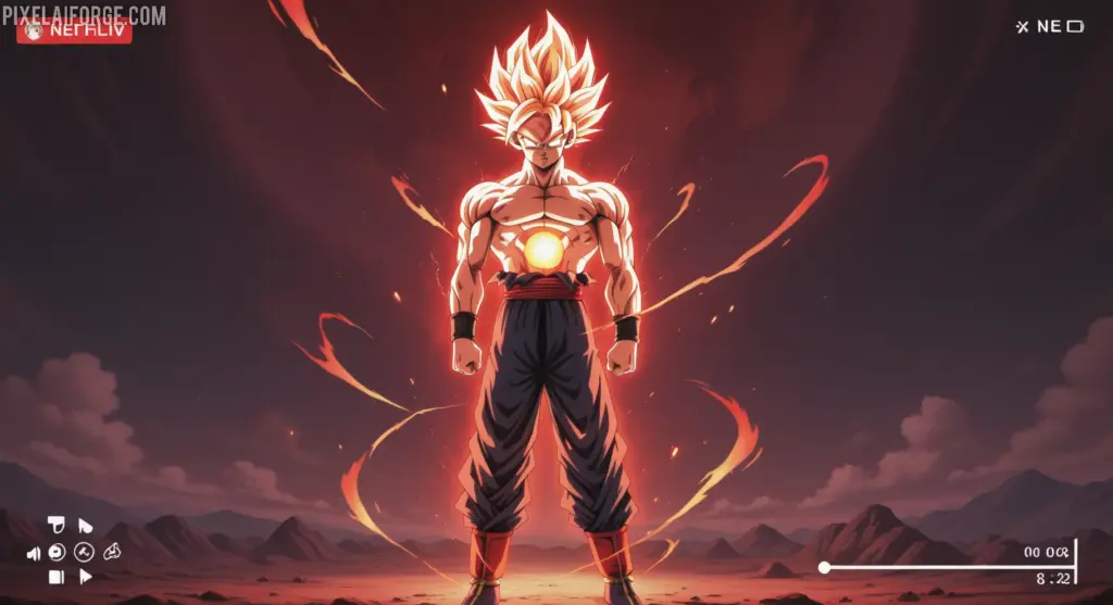 Goku Super Saiyan God en estilo retro con Netflix para ver Dragon Ball Super en castellano.