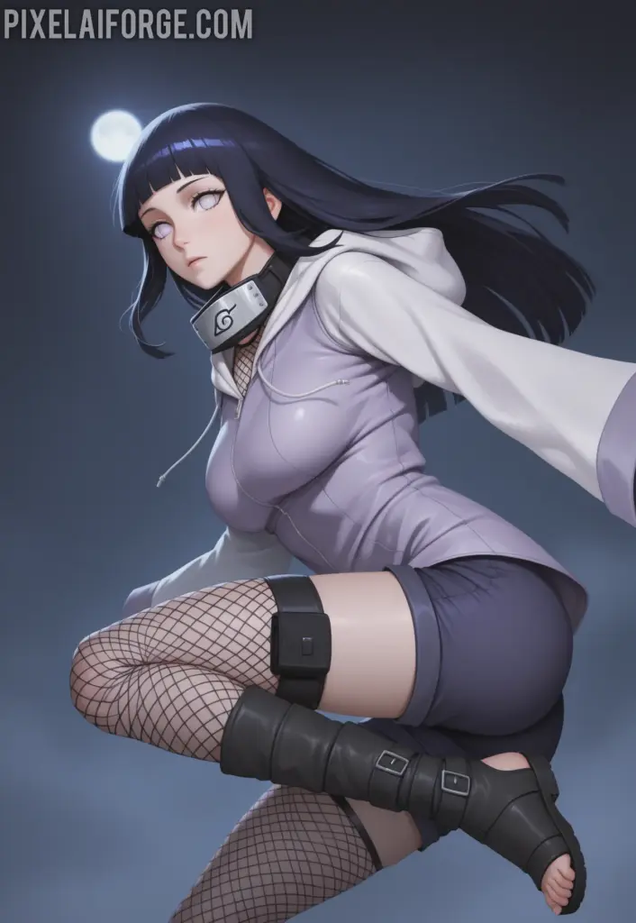 Hinata Hyuga en acción, mostrando agilidad y fuerza en una escena inspirada en Naruto.