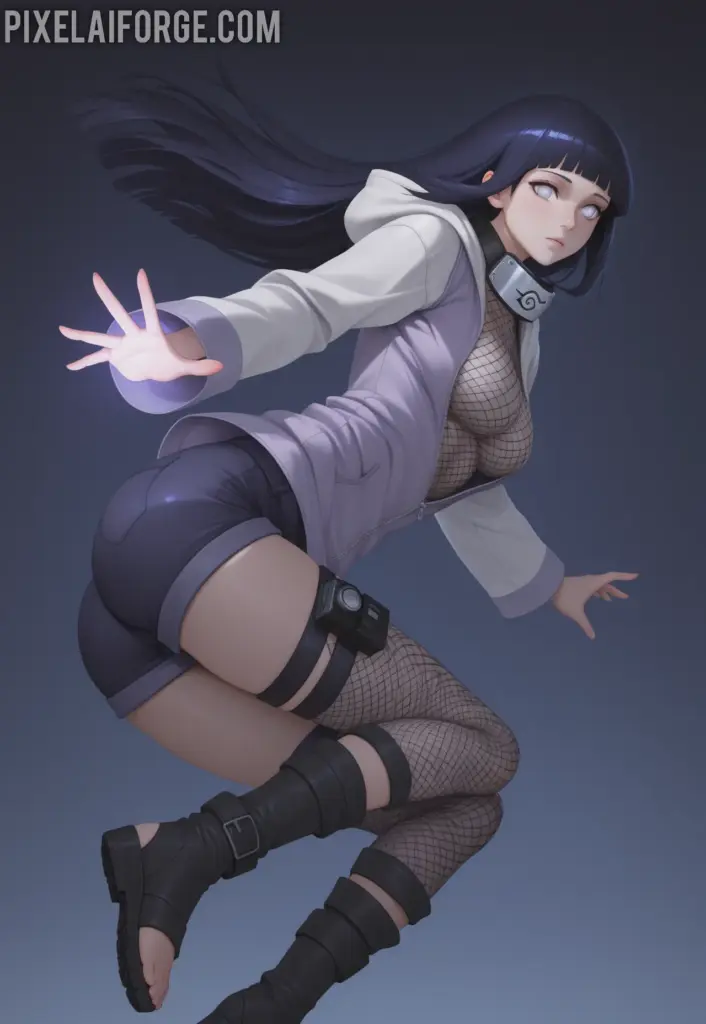 Hinata Hyuga en una pose dinámica, saltando o realizando un movimiento ágil, vistiendo una sudadera ajustada, shorts cortos y medias de red, representando su versatilidad en combate.