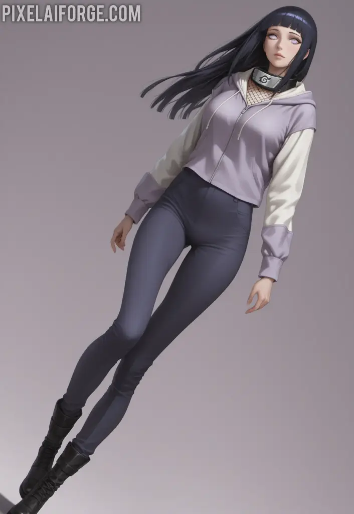 Hinata Hyuga en un look casual y actualizado, combinando elementos tradicionales con ropa moderna.