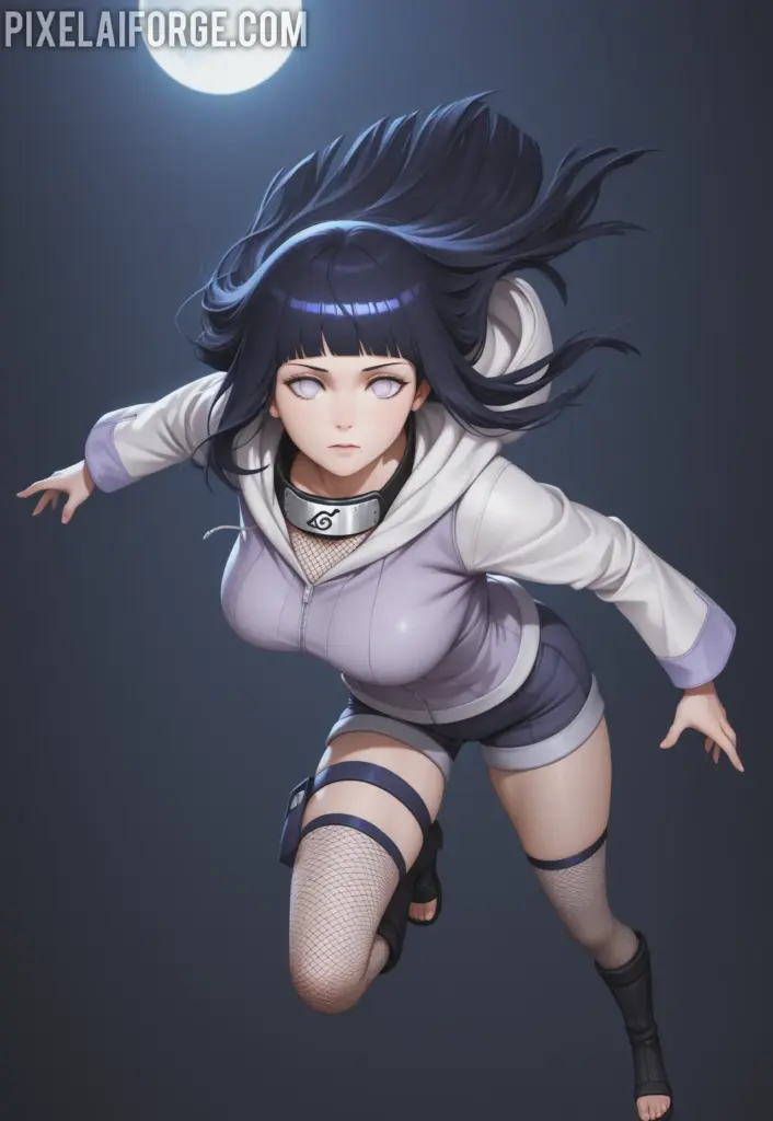 Hinata Hyuga en una pose dinámica, saltando o realizando un movimiento ágil, vistiendo una sudadera ajustada, shorts cortos y medias de red, representando su versatilidad en combate.