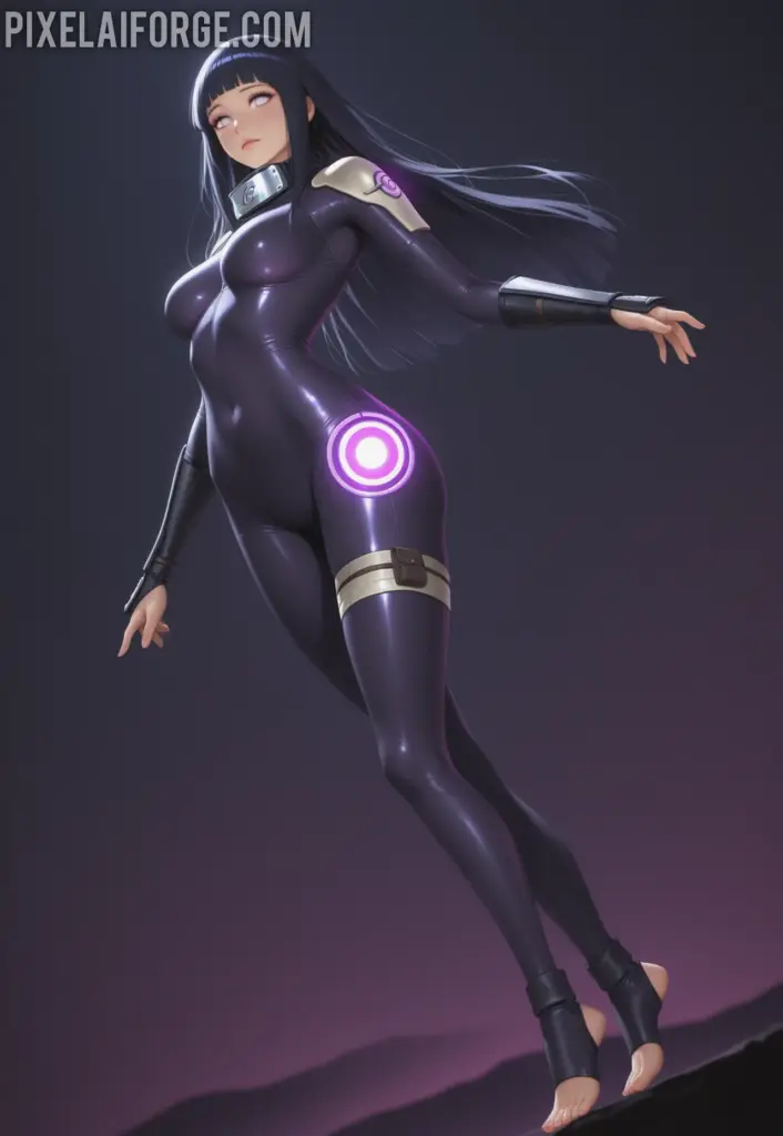 Hinata Hyuga vistiendo un traje futurista y tecnológico, con detalles metálicos y un accesorio en la mano que emite luz púrpura, representando una versión avanzada del personaje de Naruto.