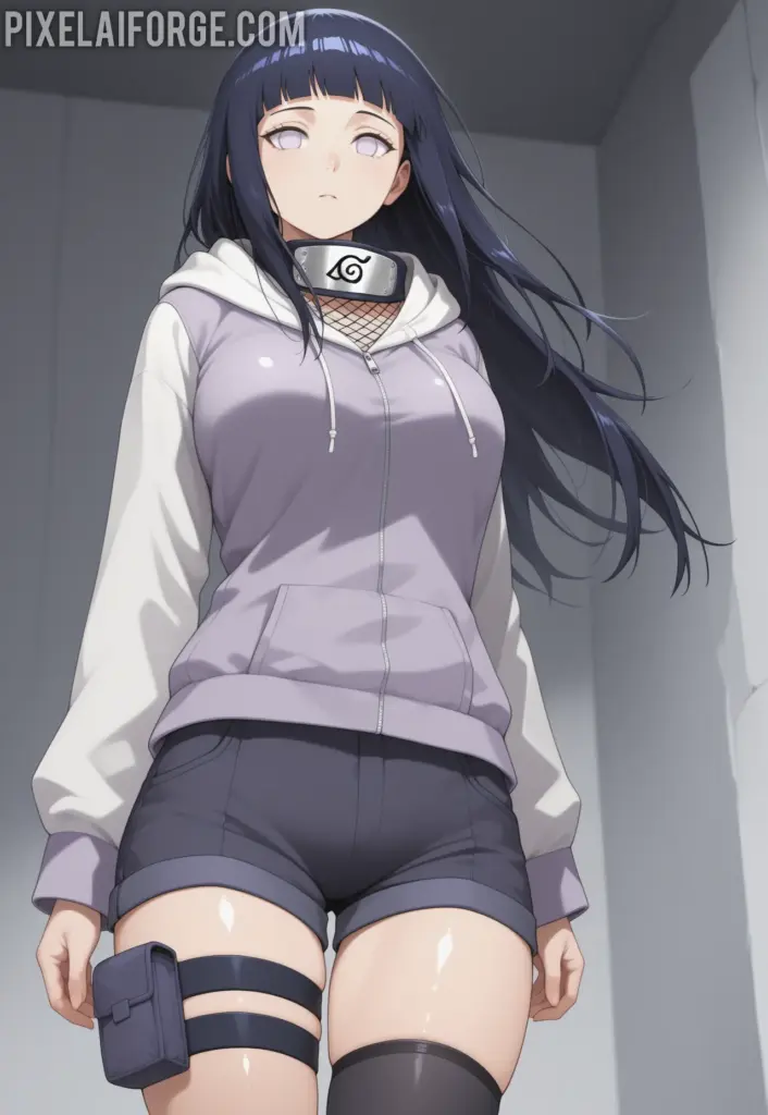 Hinata Hyuga luciendo un atuendo moderno con sudadera abierta, top de malla y shorts cortos, representando una versión contemporánea del personaje de Naruto.