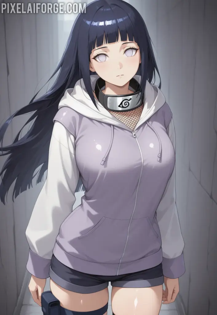 Hinata Hyuga luciendo un atuendo moderno con sudadera abierta, top de malla y shorts cortos, representando una versión contemporánea del personaje de Naruto.