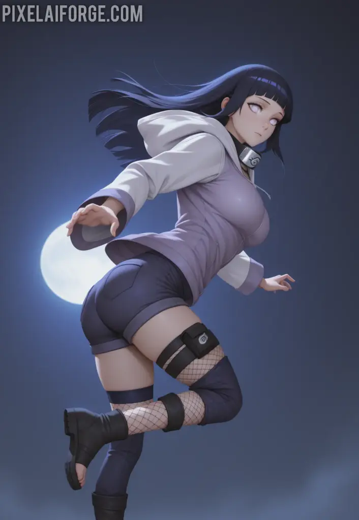 Hinata Hyuga en una pose dinámica, saltando o realizando un movimiento ágil, vistiendo una sudadera ajustada, shorts cortos y medias de red, representando su versatilidad en combate.