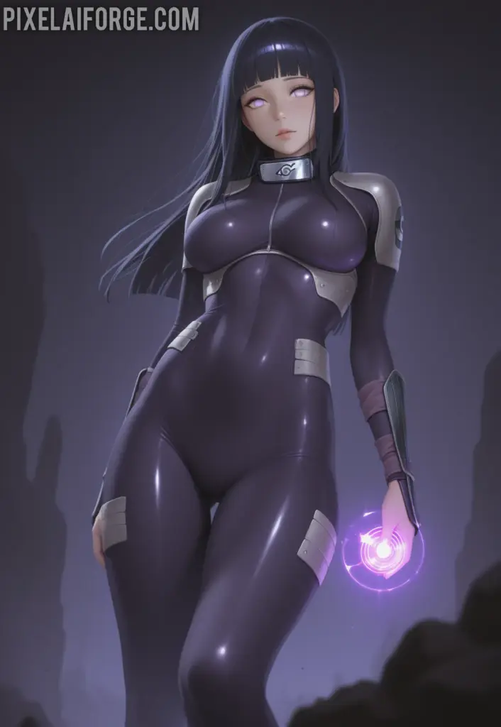 Hinata Hyuga vistiendo un traje futurista y tecnológico, con detalles metálicos y un accesorio en la mano que emite luz púrpura, representando una versión avanzada del personaje de Naruto.