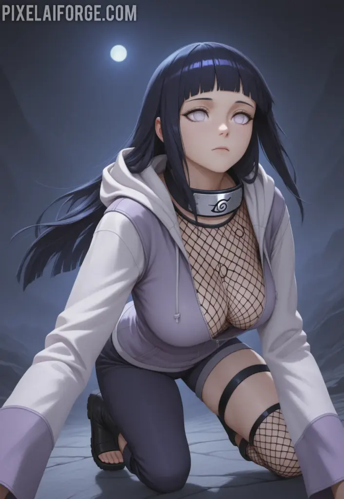 Hinata Hyuga en una pose dinámica, saltando o realizando un movimiento ágil, vistiendo una sudadera ajustada, shorts cortos y medias de red, representando su versatilidad en combate.