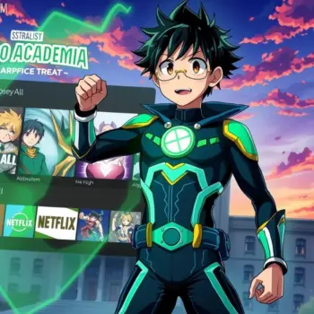 Izuku Midoriya con One For All frente a una interfaz de streaming para ver My Hero Academia online en español en 2025.