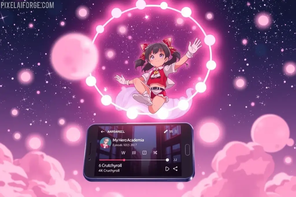 Uraraka flotando con Crunchyroll para ver My Hero Academia online en móviles.