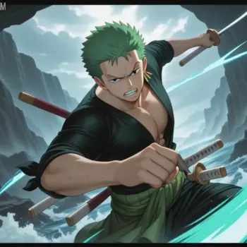 Zoro en combate con interfaz de AnimeFLV para ver One Piece gratis online.