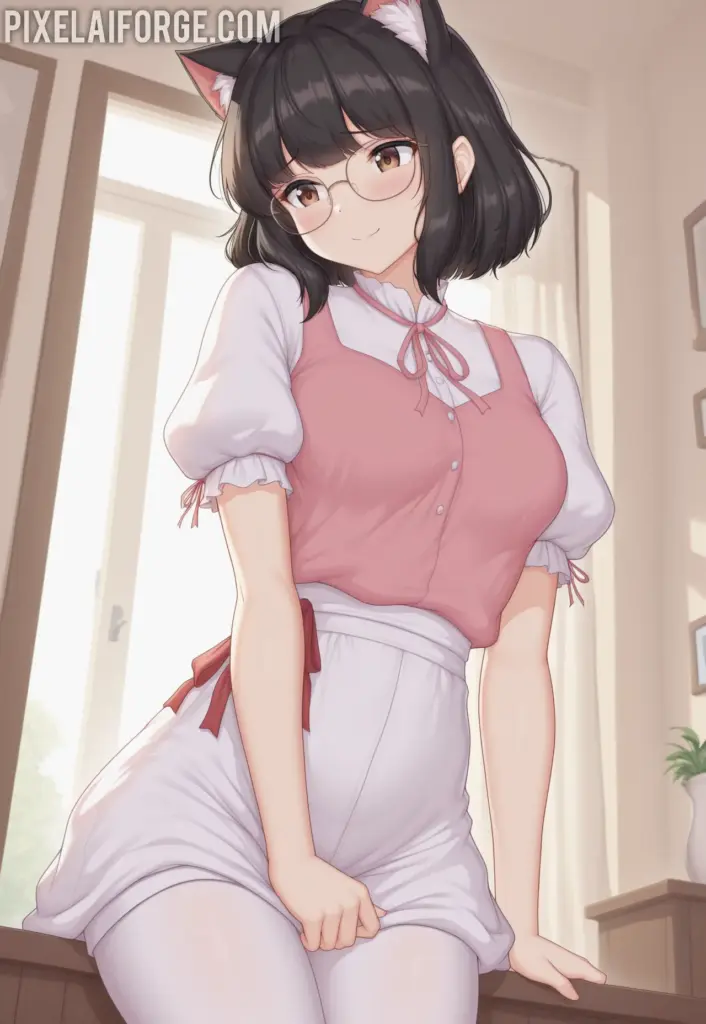 Anime cat girl in a pink dress and white stockings with cat ears, standing with a cat in the background