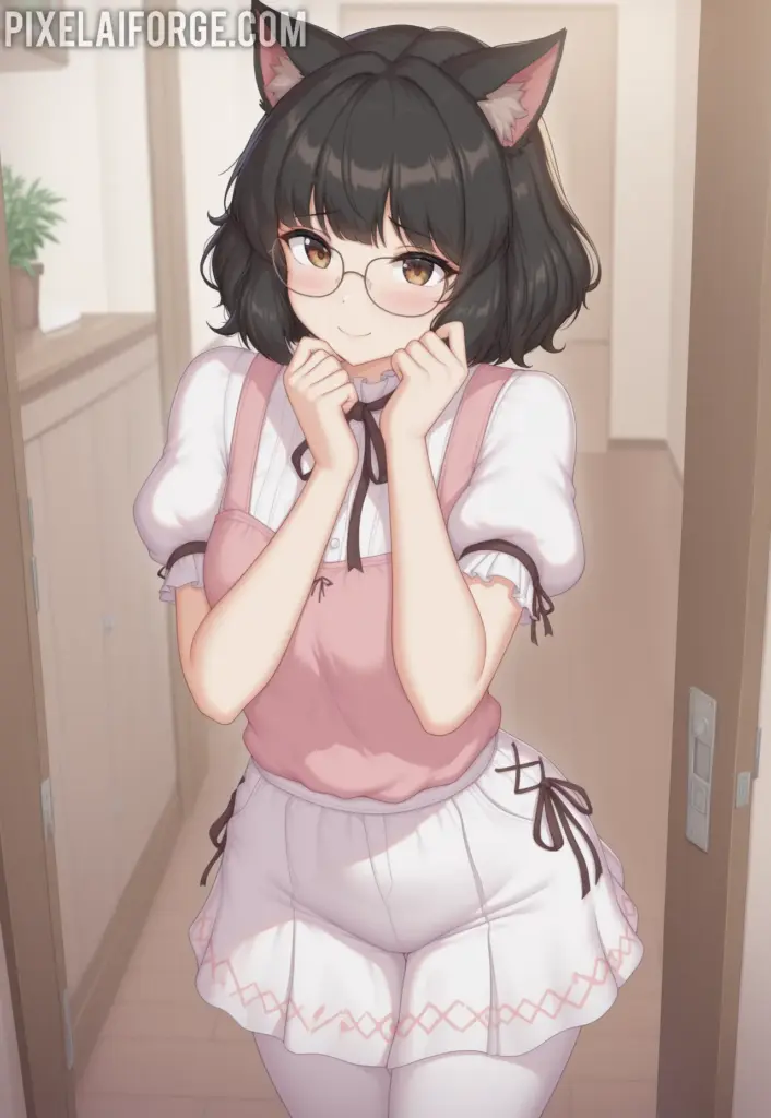 Anime cat girl in a pink dress and white stockings with cat ears, standing with a cat in the background