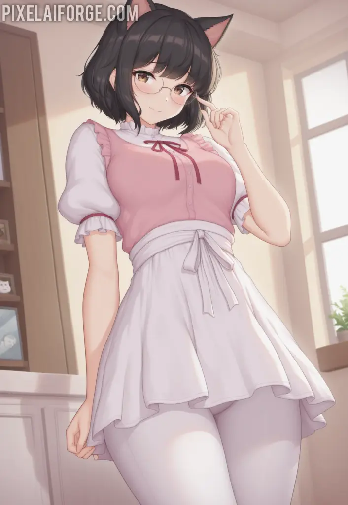 Anime cat girl in a pink dress and white stockings with cat ears, standing with a cat in the background
