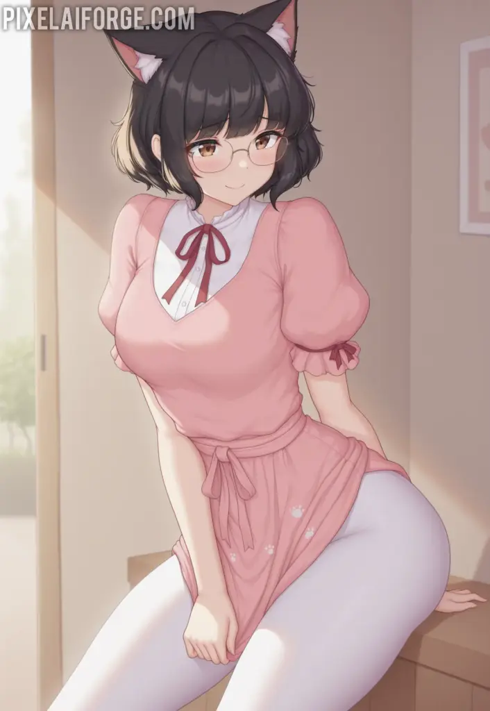 Anime cat girl in a pink dress and white stockings with cat ears, standing with a cat in the background
