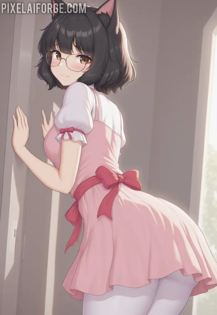 Anime cat girl in a pink dress and white stockings with cat ears, standing with a cat in the background