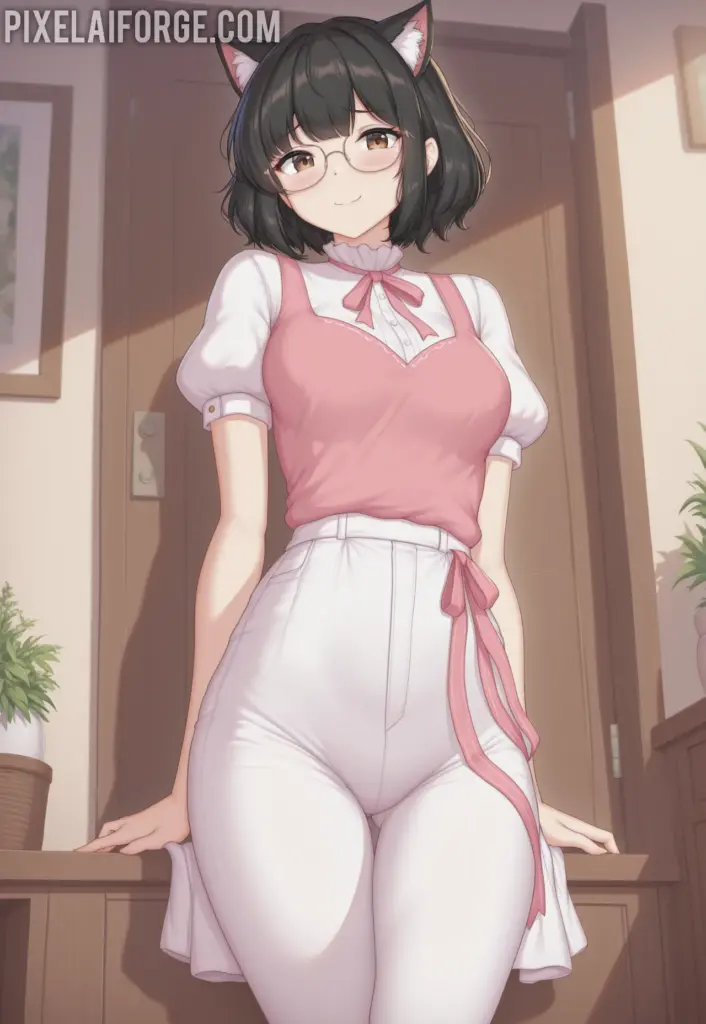 Anime cat girl in a pink dress and white stockings with cat ears, standing with a cat in the background