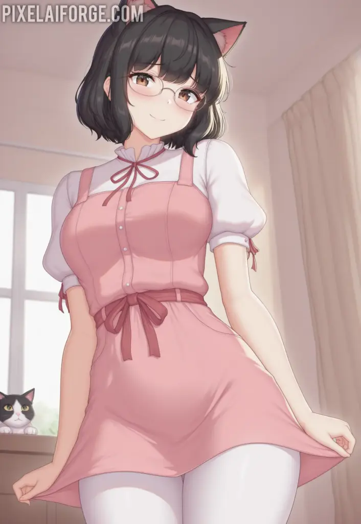 Anime cat girl in a pink dress and white stockings with cat ears, standing with a cat in the background
