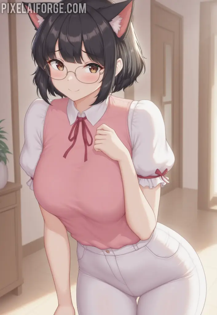 Anime cat girl in a pink dress and white stockings with cat ears, standing with a cat in the background