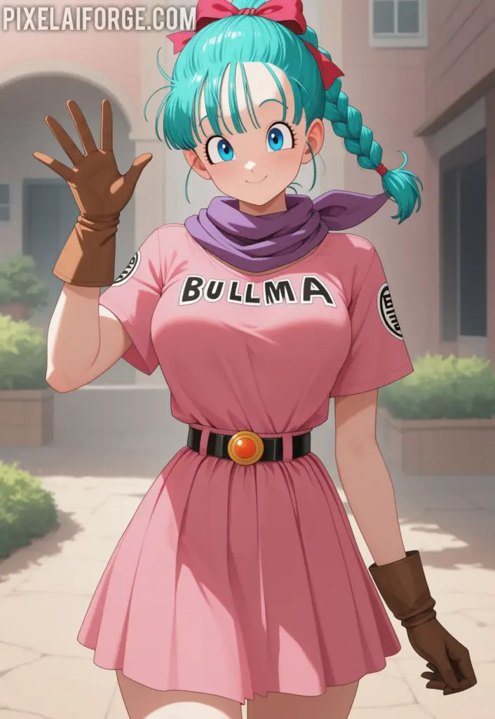 Teenage Bulma in Dragon Ball with her blue ponytail, ready for adventure