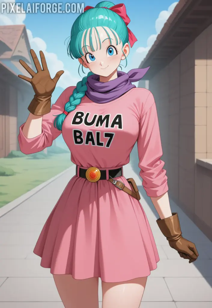 Bulma in Dragon Ball Super, with her modern style and confident demeanor