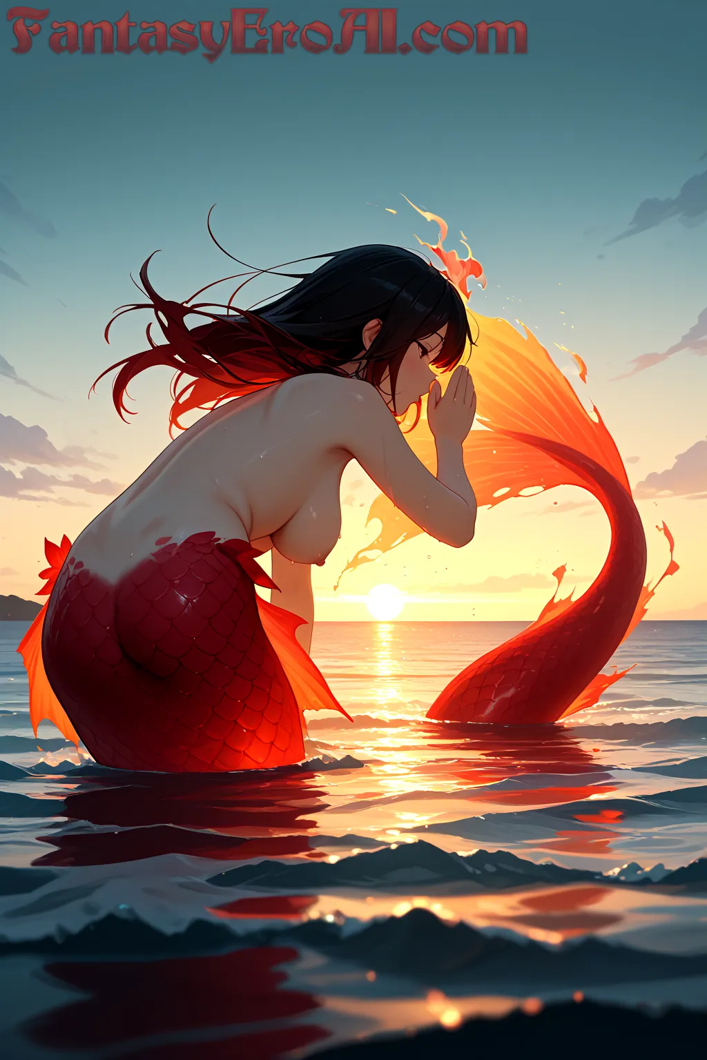 Sirena Ardiente en Océano de Olas Susurrantes