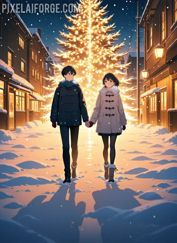 Ilustración estilo anime navideños, pareja joven caminando bajo la nieve